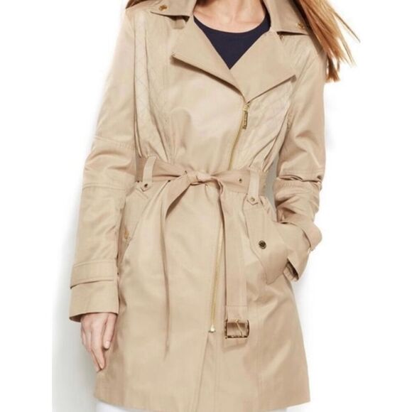 Michael Michael Kors asymmetrical tan hooded trench coat small - Picture 1 of 10